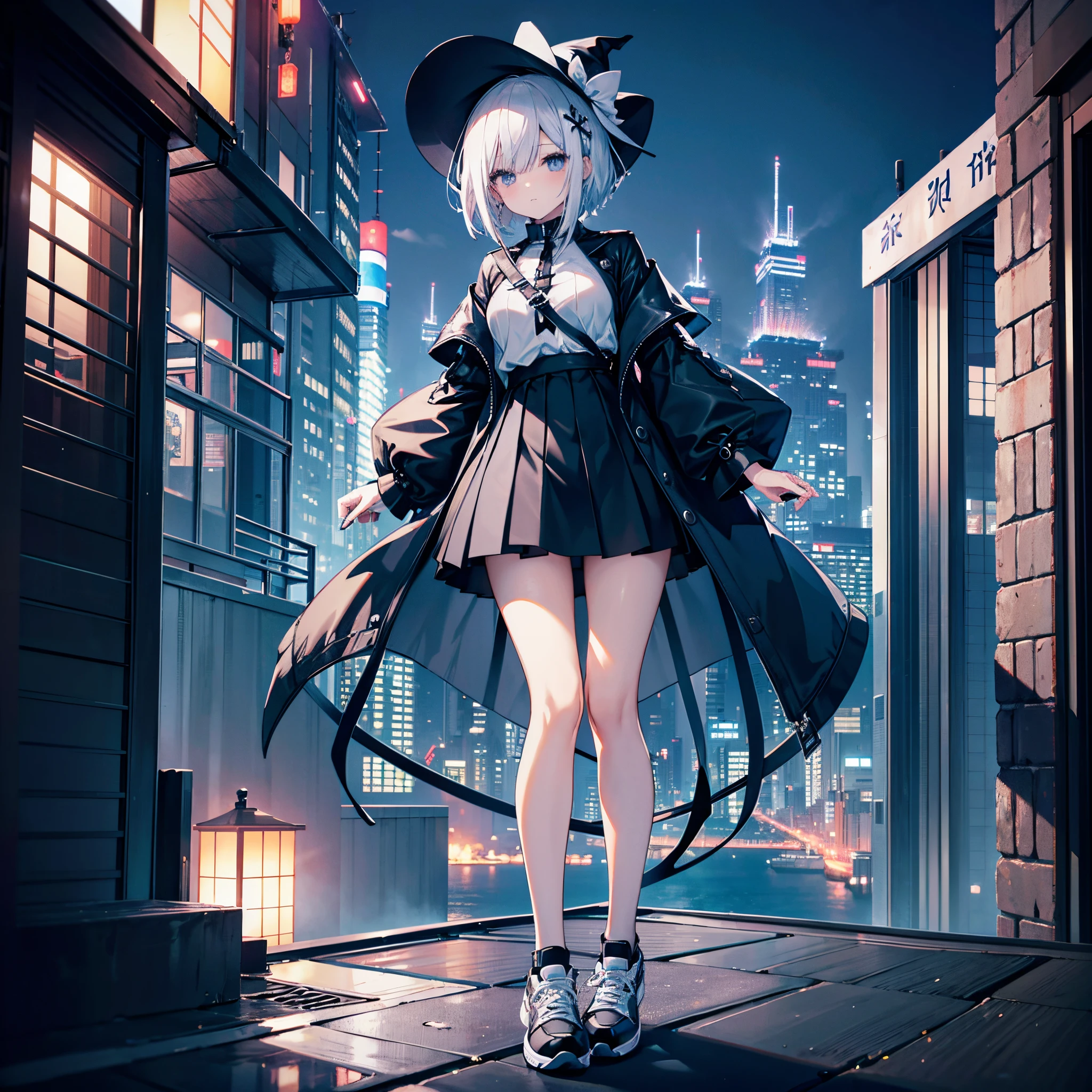 An adult woman lingering on the roof of a building overlooking the night view of Tokyo and the sea.、She has white lob hair with a short bob and wears a large black witch hat with sapphire accessories.、her appearance is stylish、she is wearing a long black coat、I'm wearing a white T-shirt、Black long skirt、Black sneakers with white shoelaces、Black tights、Black Short Leggings、R18 Illustration、Eromanga、erotic illustration、Two-dimensional illustration、Japan Anime、drawn by Japanese ilastrator、high-level image quality、4K picture quality、High Quality、hight resolution、5 million pixels、High Details、uncensored