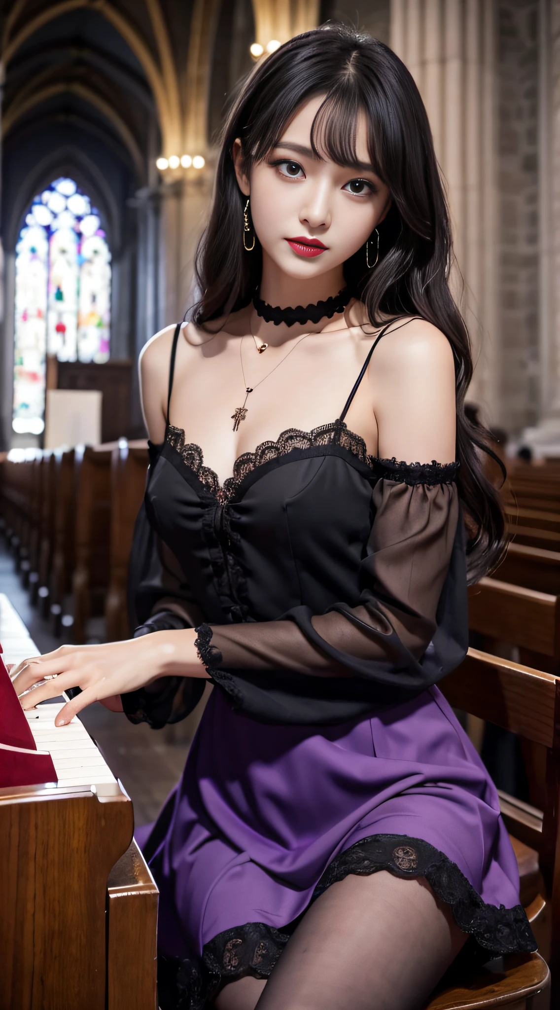 LTRA Details、Fascinating beauty、Dainty woman、Cool Girl、Wavy Hair、Black chiffon dress、Wide sleeves、flered skirt、Black pantyhose、Evil Female Executive、Evil Fall、brainwash、lacy fabric、Glossy legs、black lipstick、Evil look、Suspicious look、Hollow eyes、wicked、Reaching out、Arms up、In the Church、Palm forward、Purple Lipstick、Pendants、playing piano