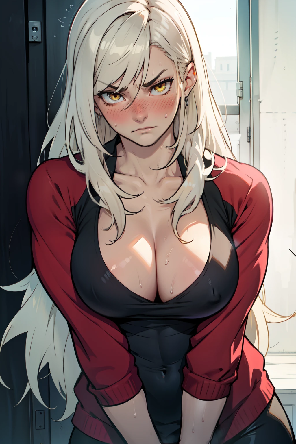 muscular yellow eyes pale skin girl sad cleavage  blushing frown sweaty long straight hair long straight hair