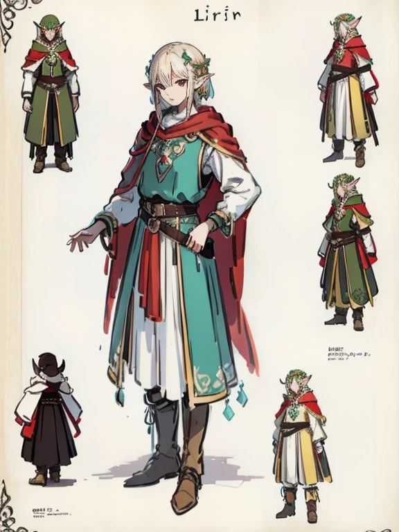 Video game character design, Drawing with Line Drawing, Multiple points of view, Best Quality,Masterpiece,hight resolution, elf, ((character concept art)), Video game character design, Detailed man with pale skin,Medium Hair, Druid, half-elf ,Dressed as a druid,illustartion,Realistic,Harmonious colours,natural lighting, red vest, white shirt, Dark hair