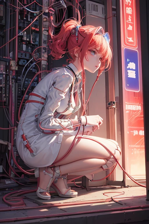 masterpiece, top quality, best quality, official art, beautiful and aesthetic:1.2), (1girl:1.3), extreme detailed, colorful, highly detailed ((ultra-detailed)), (highly detailed CG illustration), ((an extremely delicate and beautiful)),(from side),cinematic light,((1mechanical girl)), solo, full body,(machine made joints:1.2),((machanical limblood vessels connected to her mechanical vertebra),((mechanical cervical attached to her neck)),(on her knees attached to her cervical), (bare feet), expressionless,(wires and cables attaching to neck:1.2),(wires and cables to her head:1.2)(character focus), wearing a translucent white dress, wearing visor glasses, {{{holding a gun on her left hand}}}, short light red hair, science fiction, futuristic Chine Town background with neon and billboard,(cables:1.5), [[[highly detailed face!!!]]], Hajime Sorayama Style!!