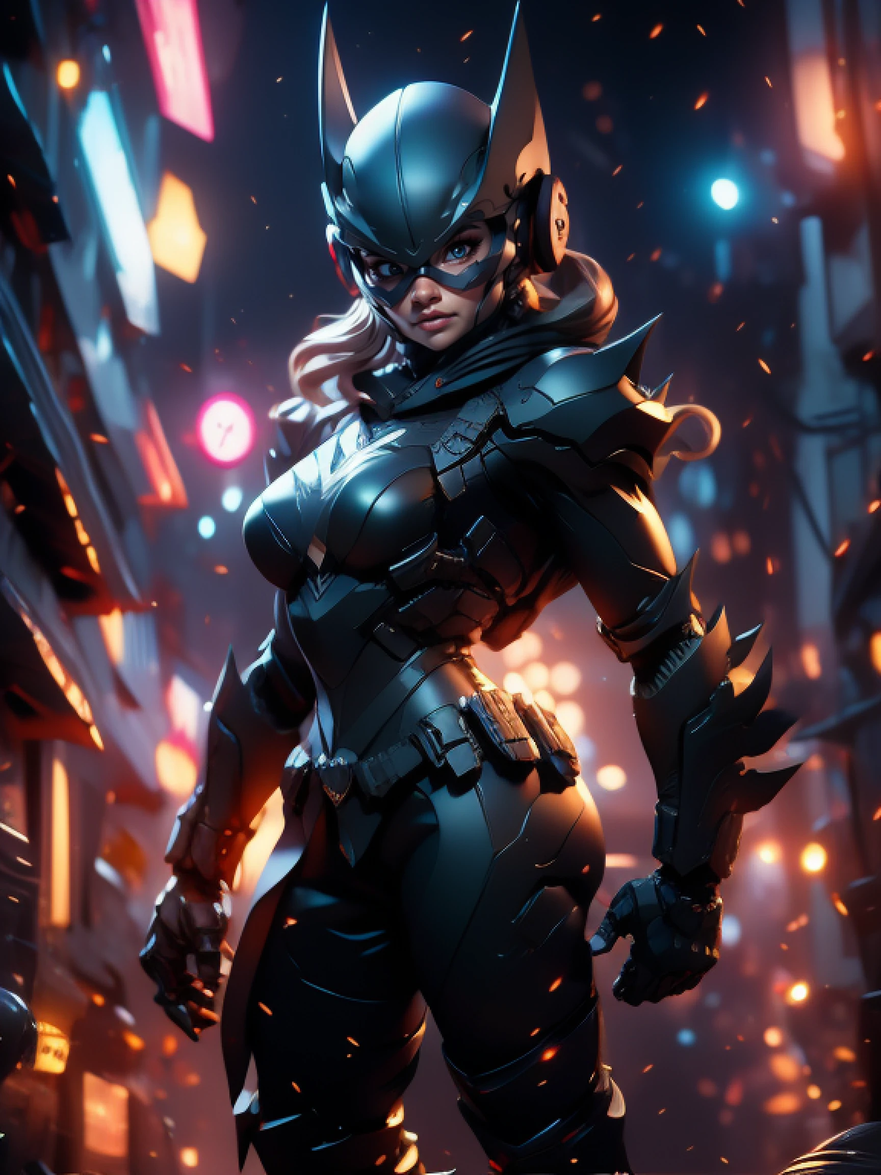 absurdres, 1woman, (at night:1.4), dark alley, moon, BREAK grey (android (batgirl:0.8)) in (matte black hardsuit:1.2), military, roughed up, mechanical arms, city fog, (glowing white eyes), niji, suit, armor