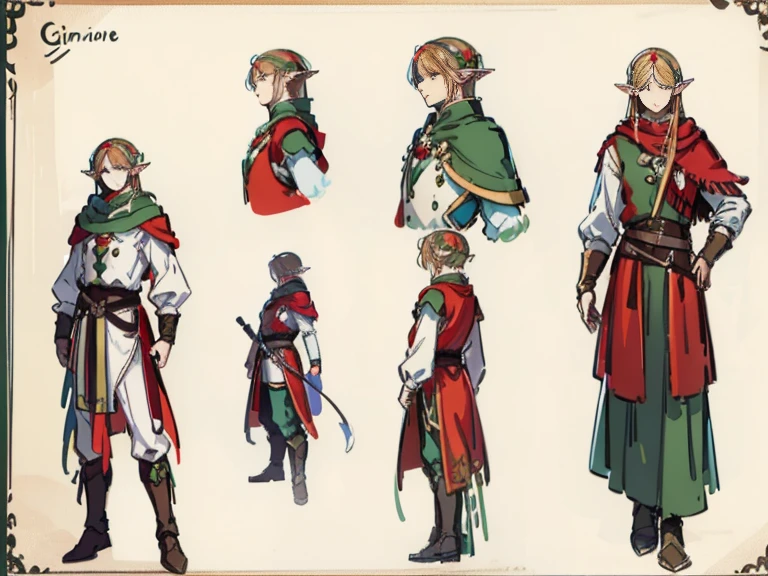 Video game character design, Drawing with Line Drawing, Multiple points of view, Best Quality,Masterpiece,hight resolution, elf, ((character concept art)), Video game character design, Detailed man with pale skin,Medium Hair, rogue, half-elf ,illustartion,Realistic,Harmonious colours,natural lighting, red vest, white  shirt, Dark hair