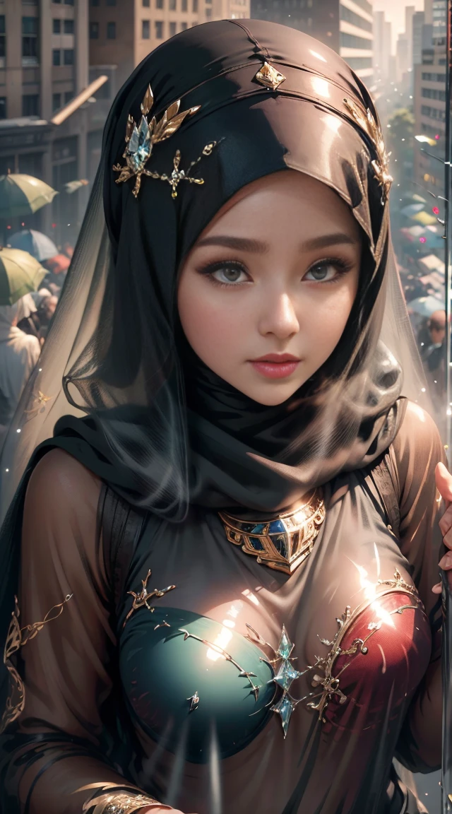 Masterpiece, Best quality,1girll (((Glass clear gel coating))) ,In the city,Photorealistic, high resolution, Detailed, Sharp focus, hijab,