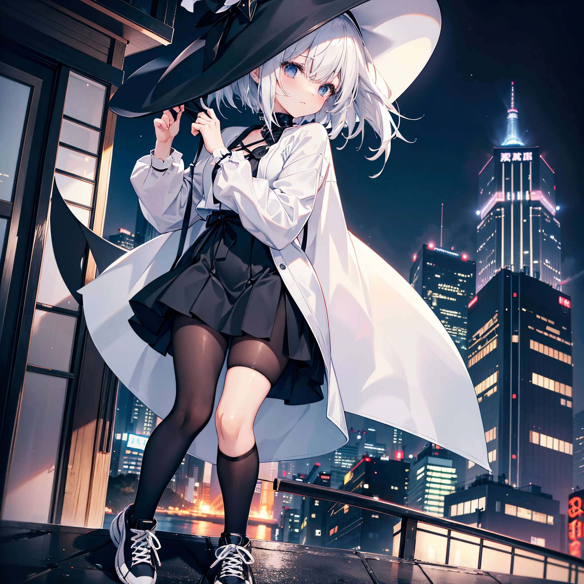 An adult woman lingering on the roof of a building overlooking the night view of Tokyo and the sea.、She has white lob hair with a short bob and wears a large black witch hat with sapphire accessories.、her appearance is stylish、she is wearing a long black coat、I&#39;m wearing a white T-shirt、Black long skirt、Black sneakers with white shoelaces、Black tights、Black Short Leggings、R18 Illustration、Eromanga、erotic illustration、Two-dimensional illustration、Japan Anime、drawn by Japanese ilastrator、high-level image quality、4K picture quality、High Quality、hight resolution、5 million pixels、High Details、uncensored