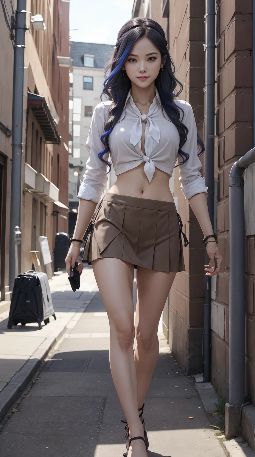 a 25yo woman、Hair color is a gradient color、Eye color is blue、Semi-long、hair is wavy、I&#39;m wearing a headband、accessories on wrist、Slender but well-proportioned muscular body、The navel is visible、wearing a tie front shirt、She&#39;s wearing a low-rise mini pleated skirt.、I&#39;m in an alley of brick buildings in an old western city、standing with legs crossed、a smile、Looking at the camera、a smile