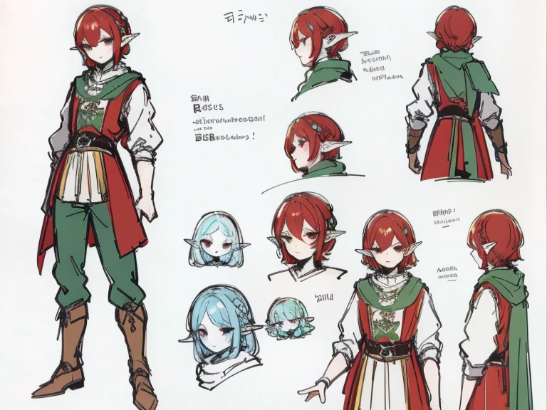 Video game character design, Drawing with Line Drawing, Multiple points of view, Best Quality,Masterpiece,hight resolution, elf, ((character concept art)), Video game character design, Detailed man with pale skin,Medium Hair, rogue, half-elf ,illustartion,Realistic,Harmonious colours,natural lighting, red vest, white shirt, Dark hair
