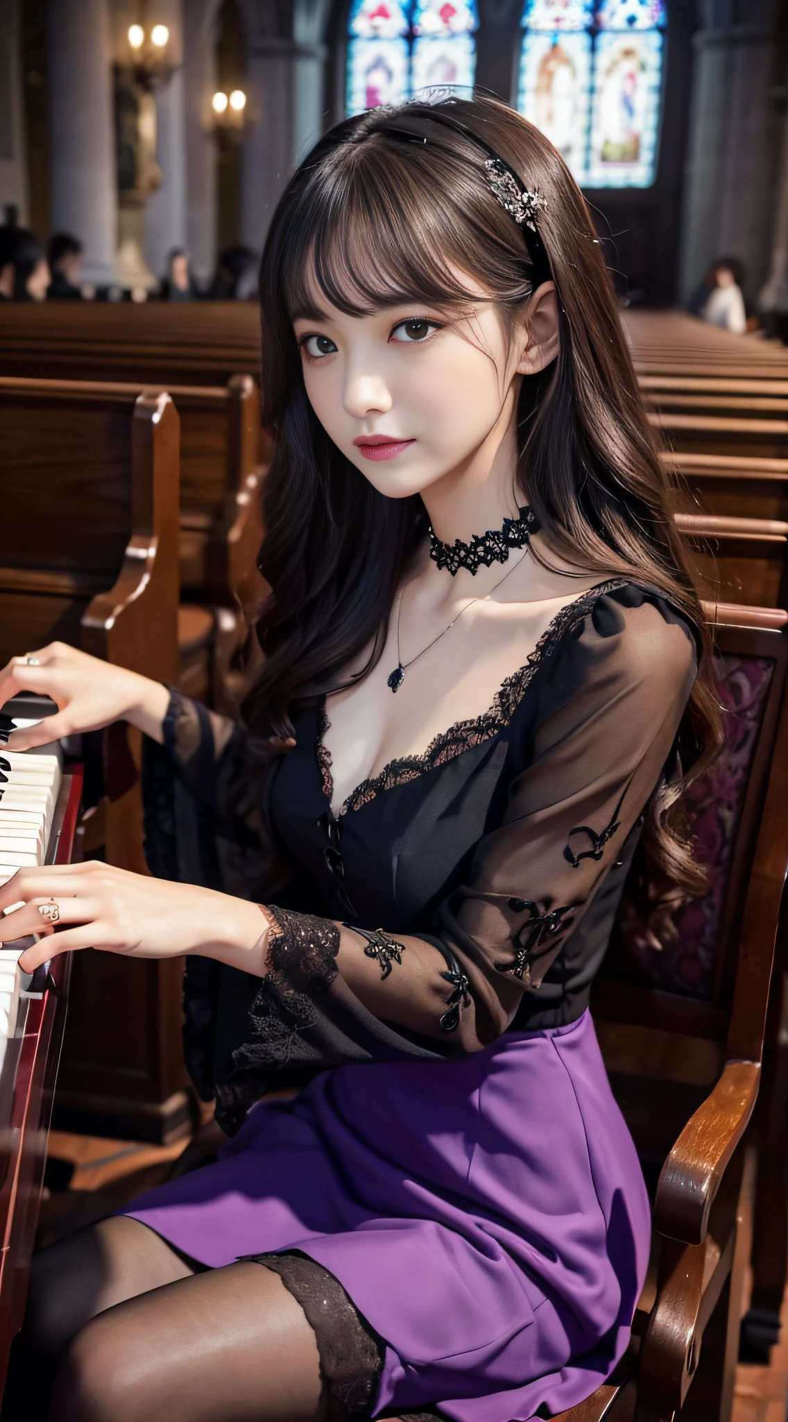 LTRA Details、Fascinating beauty、Dainty woman、Cool Girl、Wavy Hair、Black chiffon dress、Wide sleeves、flered skirt、Black pantyhose、Evil Female Executive、Evil Fall、brainwash、lacy fabric、Glossy legs、black lipstick、Evil look、Suspicious look、Hollow eyes、wicked、Reaching out、Arms up、In the Church、Palm forward、Purple Lipstick、Pendants、playing piano