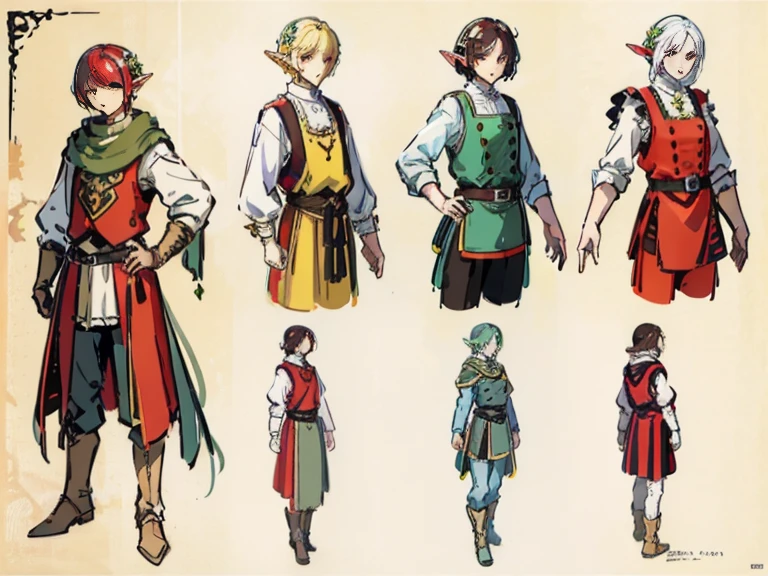 Video game character design, Drawing with Line Drawing, Multiple points of view, Best Quality,Masterpiece,hight resolution, elf, ((character concept art)), Video game character design, Detailed man with pale skin,Medium Hair, rogue, half-elf ,illustartion,Realistic,Harmonious colours,natural lighting, red vest, white shirt, Dark hair