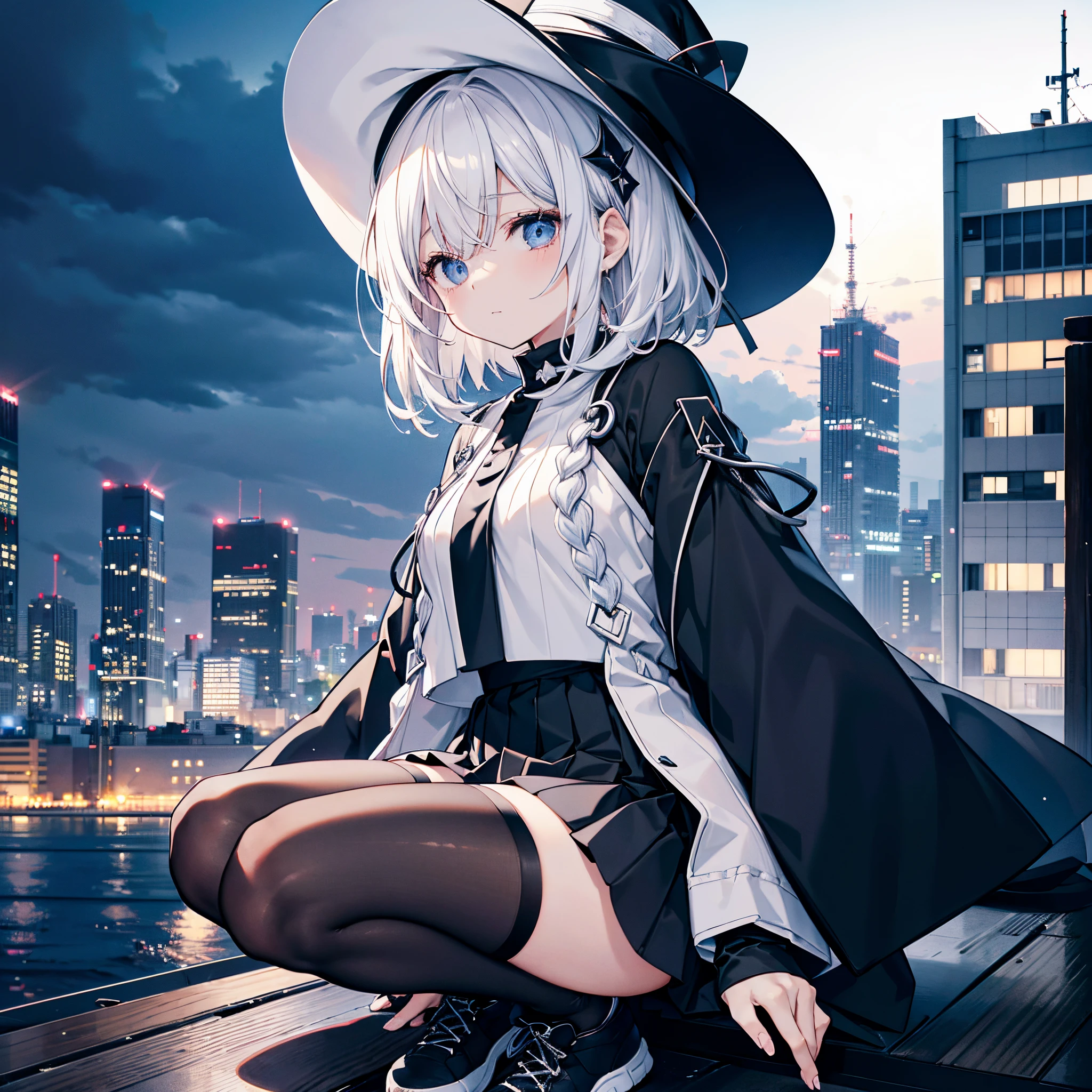 An adult woman lingering on the roof of a building overlooking the night view of Tokyo and the sea.、She has white lob hair with a short bob and wears a large black witch hat with sapphire accessories.、her appearance is stylish、she is wearing a long black coat、I'm wearing a white T-shirt、Black long skirt、Black sneakers with white shoelaces、Black tights、Black Short Leggings、R18 Illustration、Eromanga、erotic illustration、Two-dimensional illustration、Japan Anime、drawn by Japanese ilastrator、high-level image quality、4K picture quality、High Quality、hight resolution、5 million pixels、High Details、uncensored
