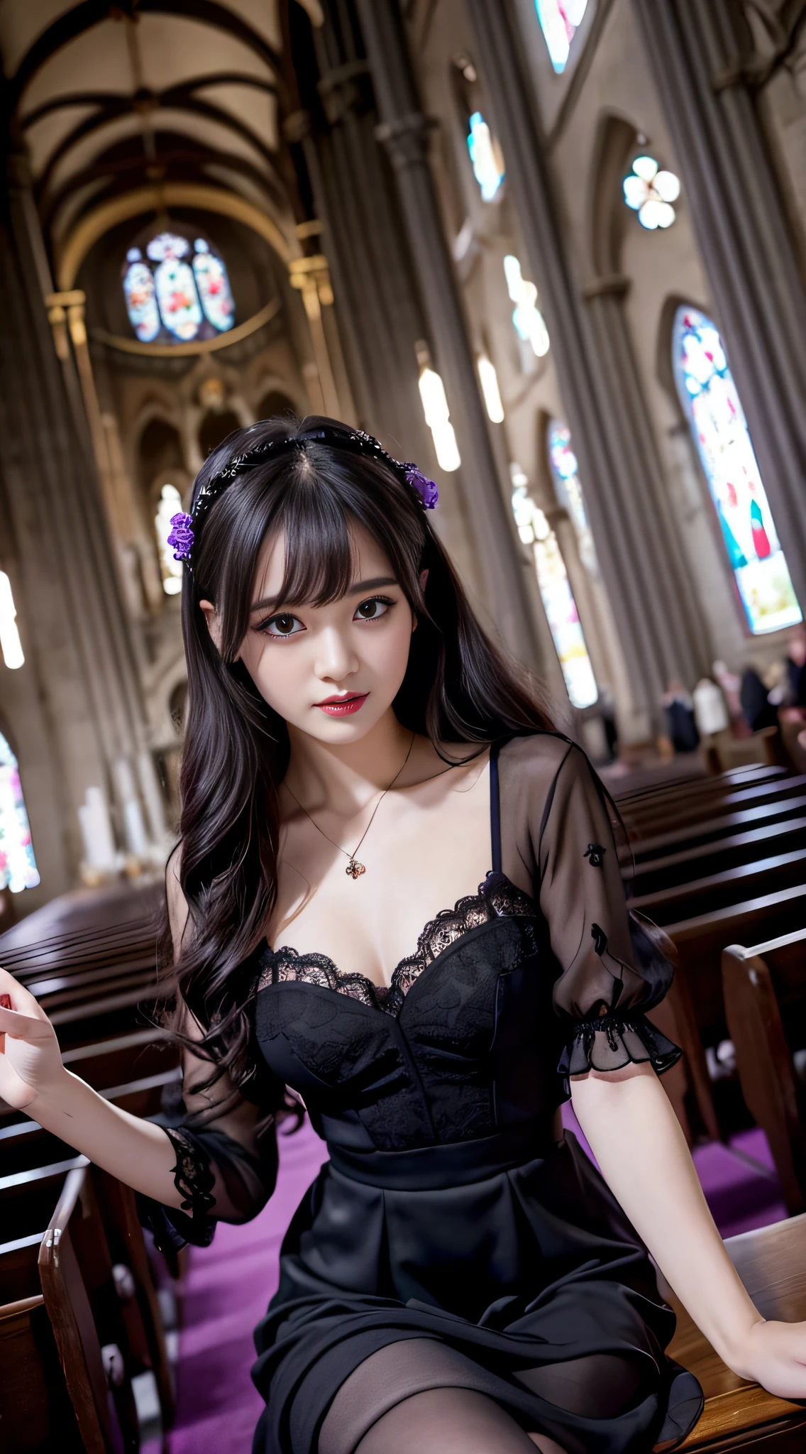 LTRA Details、Fascinating beauty、Dainty woman、Cool Girl、Wavy Hair、Black chiffon dress、Wide sleeves、flered skirt、Black pantyhose、Evil Female Executive、Evil Fall、brainwash、lacy fabric、Glossy legs、black lipstick、Evil look、Suspicious look、Hollow eyes、wicked、Reaching out、Arms up、In the Church、Palm forward、Purple Lipstick、Pendants、playing piano