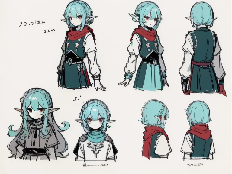 Video game character design, Drawing with Line Drawing, Multiple points of view, Best Quality,Masterpiece,hight resolution, elf, ((character concept art)), Video game character design, Detailed man with pale skin,Medium Hair, rogue, half-elf ,illustartion,Realistic,Harmonious colours,natural lighting, red vest, white shirt, black волосы, tall