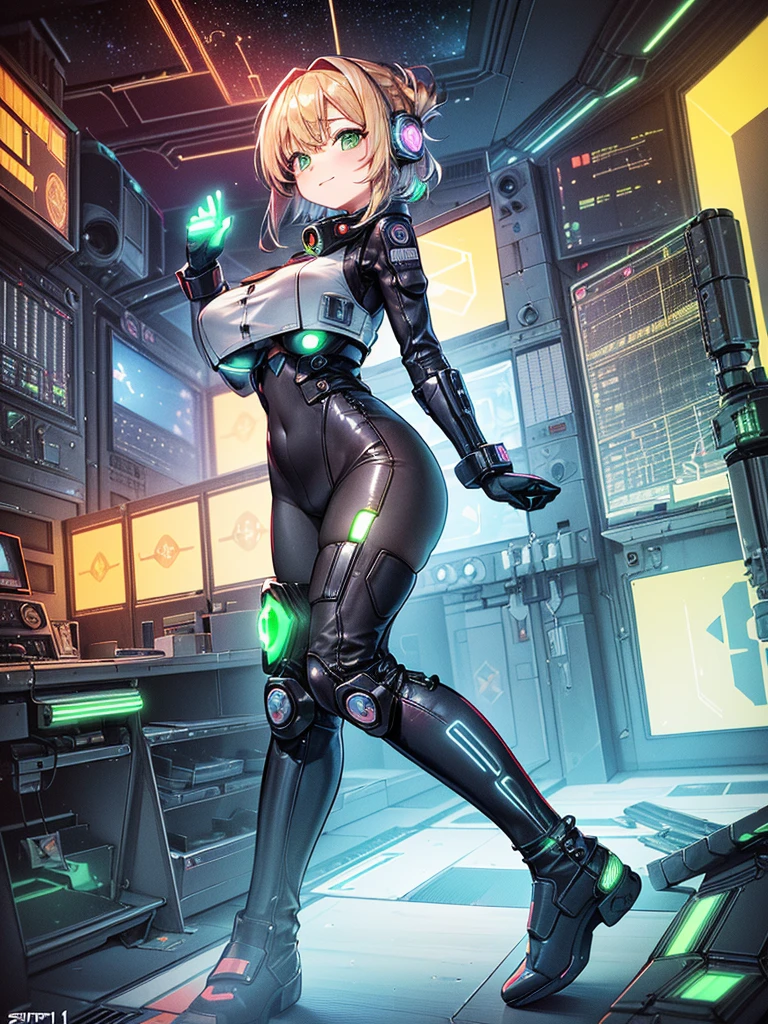 masterpiece:1.4, 1girl in ((20yr old, Wearing a tight, Futuristic metallic gray cyberpunk bodysuit,long boots, huge-breasted, Colorful blonde hair, Chignon,short-hair, Perfect model body, Green eyes:1.4, Wearing headphones, Flirting, Happy, Looking out the window of the futuristic sci-fi space station、While admiring the beautiful galaxy:1.2, SFSF control room on night background:1.1, Neon and energetic atmosphere:1.2)) ((Galaxy)) ((Solo:1.6))