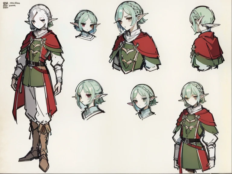 Video game character design, Drawing with Line Drawing, Multiple points of view, Best Quality,Masterpiece,hight resolution, elf, ((character concept art)), Video game character design, Detailed man with pale skin,Medium Hair, rogue, half-elf ,illustartion,Realistic,Harmonious colours,natural lighting, red vest, white shirt, Dark hair