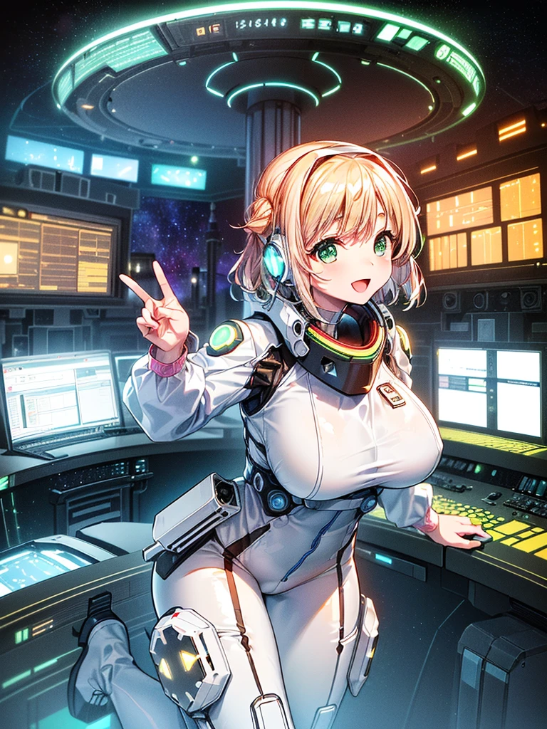 ​masterpiece:1.4, 1girl in ((20yr old, Wearing a tight, futuristic metallic white bodysuit,long boots, huge-breasted, Colorful blonde hair, Chignon,short-hair, Perfect model body, Green eyes:1.4, Wearing headphones, Flirting, Happy,  Looking out the window of the futuristic sci-fi space station、While admiring the beautiful galaxy:1.2, SFSF control room on night background:1.1, Neon and energetic atmosphere:1.2)) ((Galaxy)) ((Solo:1.6))