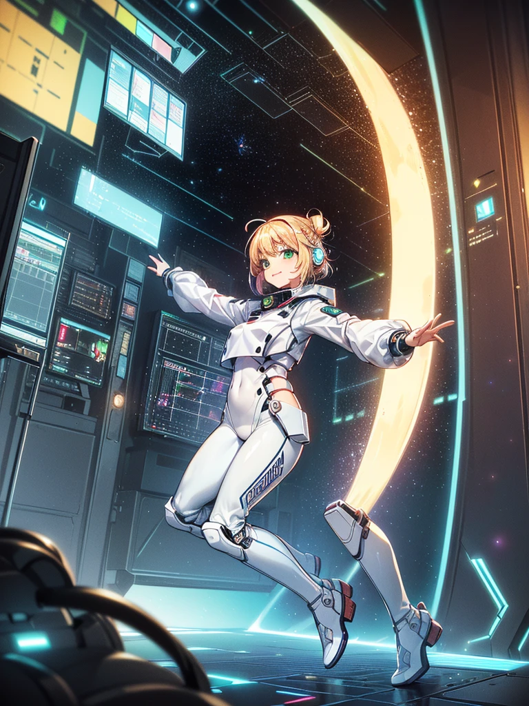 ​masterpiece:1.4, 1girl in ((20yr old, Wearing a tight, futuristic metallic white bodysuit,long boots, huge-breasted, Colorful blonde hair, Chignon,short-hair, Perfect model body, Green eyes:1.4, Wearing headphones, Flirting, Happy,  Looking out the window of the futuristic sci-fi space station、While admiring the beautiful galaxy:1.2, SFSF control room on night background:1.1, Neon and energetic atmosphere:1.2)) ((Galaxy)) ((Solo:1.6))