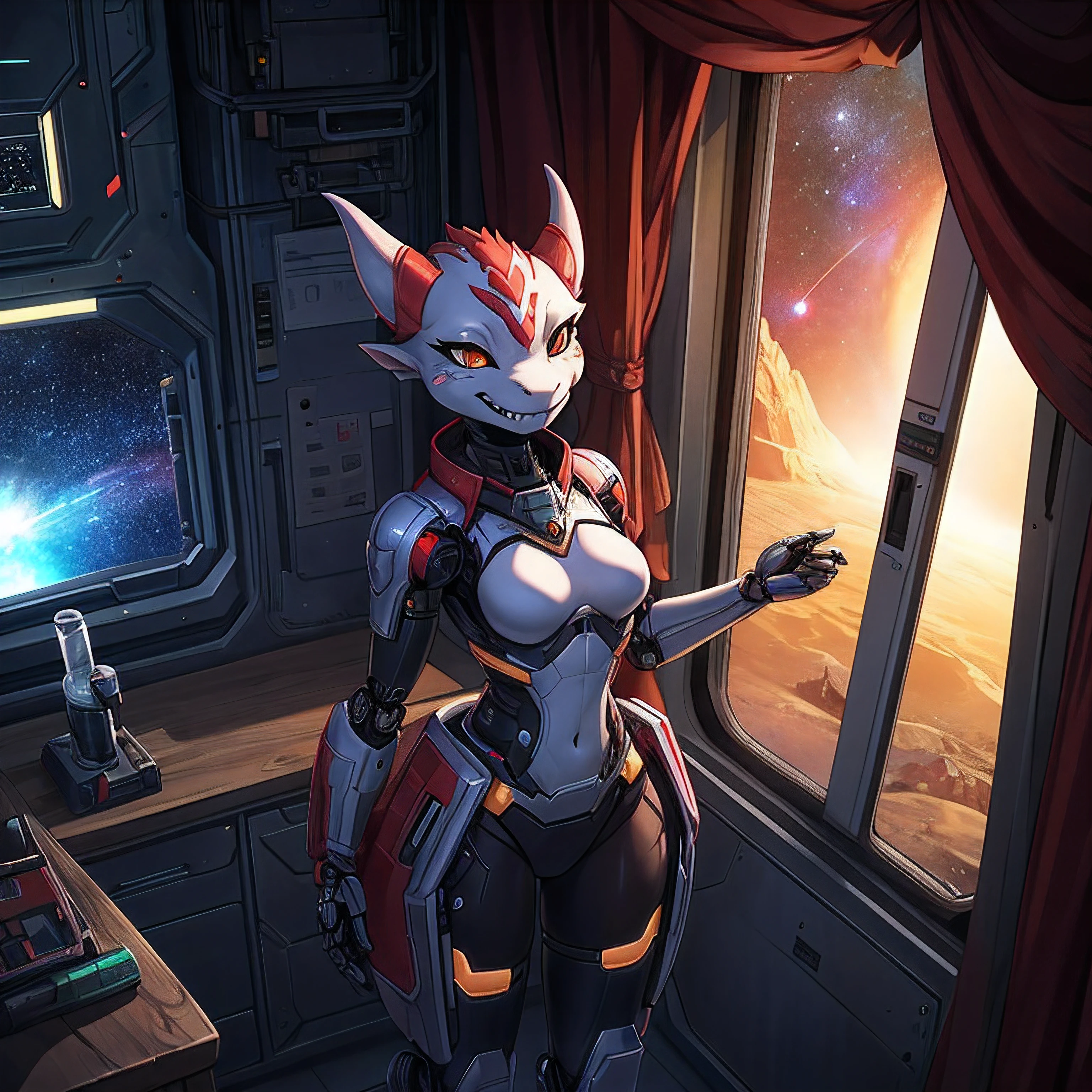 female, furry, metalic, robotic, anthro, kobold, short, small breasts, smiling, fangs showing, thin body, standing in cell, science fiction, looking out window, galaxy, stars, high quality, masterpiece,