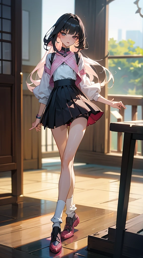 a woman in tight shorts and a top is posing for a picture, slim legs, photo of slim girl model, beautiful slim legs, very beautiful slim legs, korean women's fashion model, jossi of blackpink, very beautiful long slim legs, lalisa manoban of blackpink, wearing skirt and high socks, photo of slim girl, blackpink jennie, bae suzy,((modern clothes )) Looking at the Viewer, looking at the camera,
