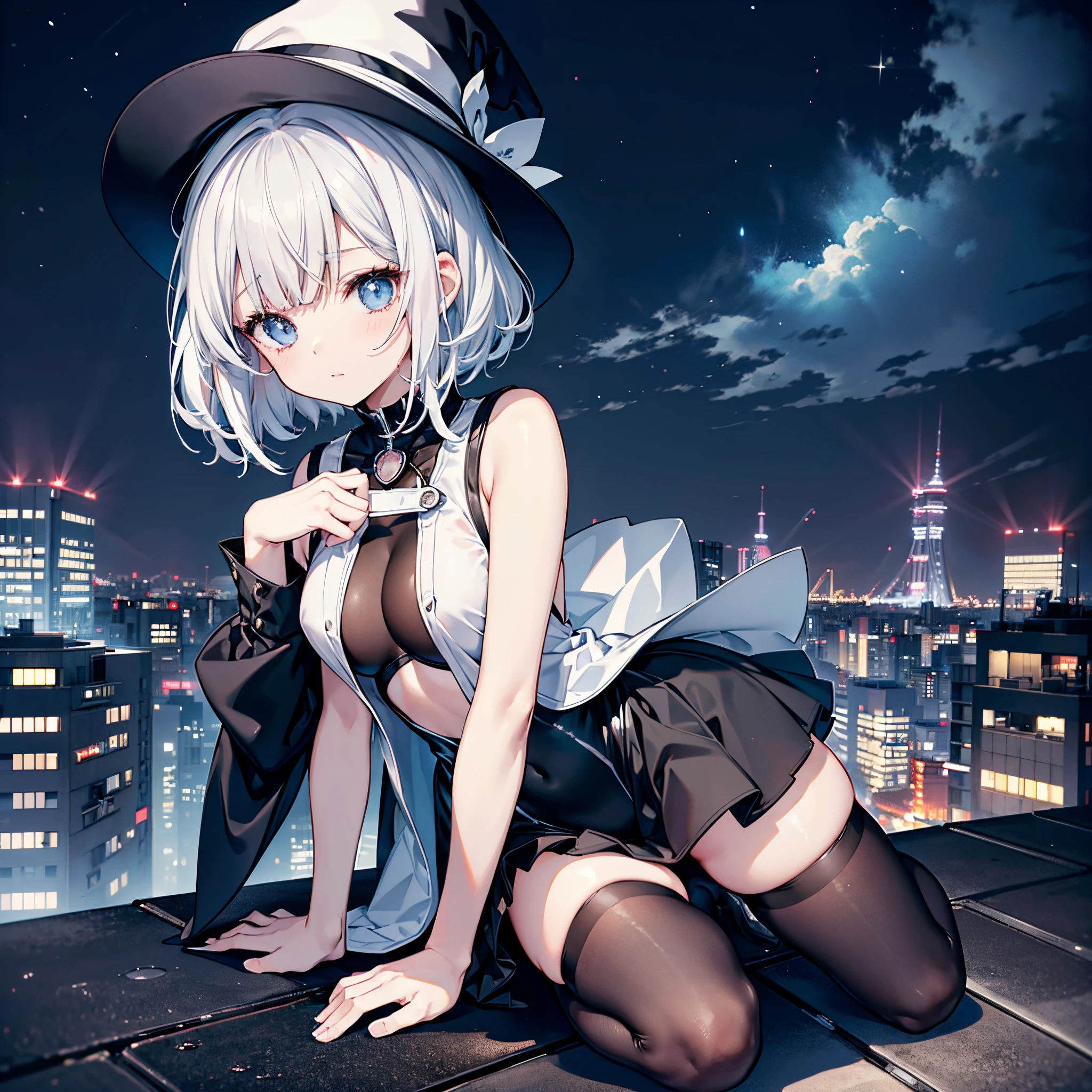 An adult woman lingering on the roof of a building overlooking the night view of Tokyo and the sea.、She has white lob hair with a short bob and wears a large black witch hat with sapphire accessories.、her appearance is stylish、she is wearing a long black coat、sailor swimsuit、I'm wearing a white T-shirt、Black long skirt、Black sneakers with white shoelaces、Black tights、Black Short Leggings、R18 Illustration、Eromanga、erotic illustration、Two-dimensional illustration、Japan Anime、drawn by Japanese ilastrator、high-level image quality、4K picture quality、High Quality、hight resolution、5 million pixels、High Details、uncensored