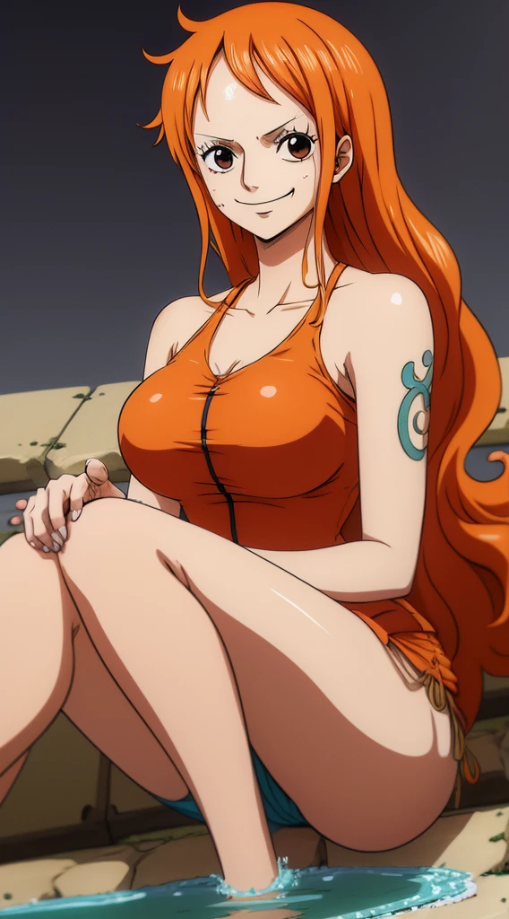 (ANIME ART STYLE) nami (ONE PIECE), with long orange hair, brown eyes, wearing  quimono wano style, (wano arc) flushed face, sitting, smiling.