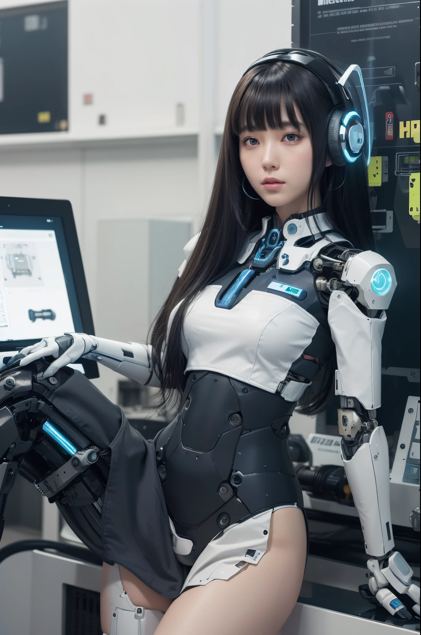 (Photorealistic:1.4), (Raw photo)masutepiece, Best Quality, Extremely detailed, (Photorealistic:1.4), (8K, 4K, Best Quality, hight resolution, 超A high resolution:1.1), 8K Portrait,1girl in, Japanese android girl,Plump , announcer,control panels,android,Droid,Mechanical Hand, ,Robot arms and legs, Black hair,Mechanical body,Blunt bangs,White Robotics Parts,perfect robot woman,Charging spot,Long Tube,A thick cable was connected to his neck.,ceramic body ,Mechanical body, mechanical ear covers,android,robot humanoid,a bit  Chubby,pantiy,complete eyes,Perfect machine body,White robot body,The laboratory of the future,android factory,mechanical ear covers,White and light blue uniform,light blue accent costume,