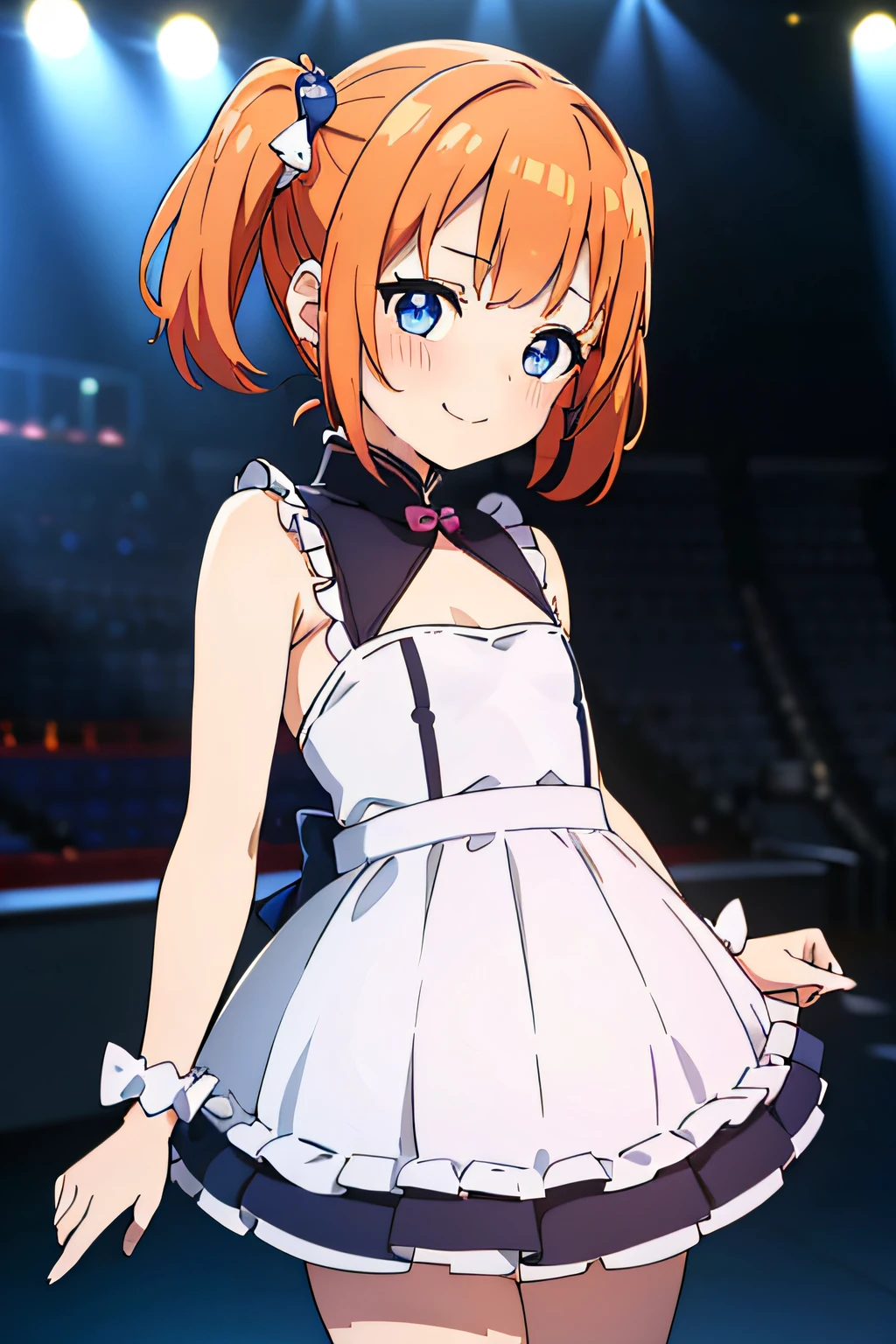 (1 girl in idol dress、costume dress、short skirt) {short pigtails hair、orange hairs、blue eyes}、{{flat chest、petite figure、young face}}、{dutch angle、blushing on cheek、smiling}、(masterpiece、8k quality、sfw、detailed eyes)、hair ornaments、(loli)