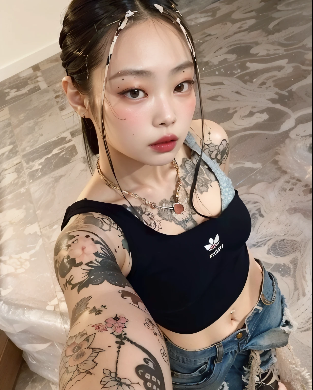 A closeup of a woman with tattoos on her arms, de menina taiwanesa com tatuagens, com rabo-de-porco preto, Coberto, imagem de perfil, Heonhwa Choe, Ela parece uma mistura de Grimes, TaeJune Kim, jennie blackpink, yakuza menina magra, com tatuagens, 2 2 anos, Wenfei Ye, Jinyoung Canela, 2 7 anos