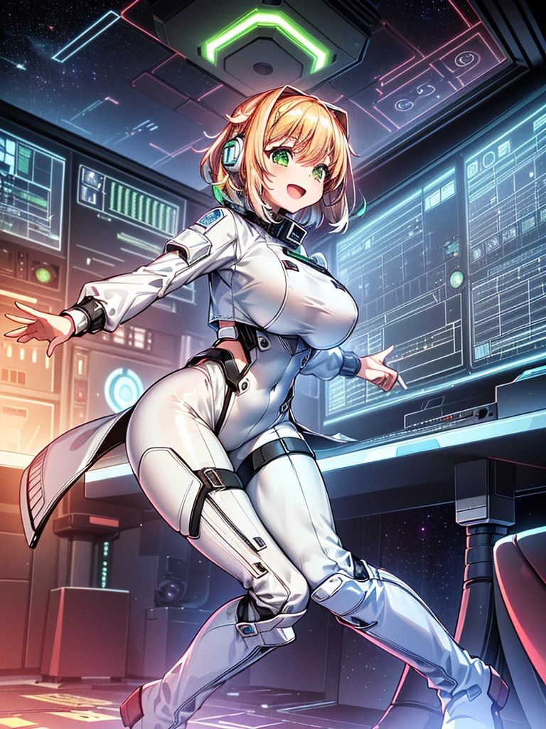 ​masterpiece:1.4, 1girl in ((20yr old, Wearing a tight, futuristic metallic white bodysuit,long boots, huge-breasted, Colorful blonde hair, Chignon,short-hair, Perfect model body, Green eyes:1.4, Wearing headphones, Flirting, Happy,  Looking out the window of the futuristic sci-fi space station、While admiring the beautiful galaxy:1.2, SFSF control room on night background:1.1, Neon and energetic atmosphere:1.2)) ((Galaxy)) ((Solo:1.6))