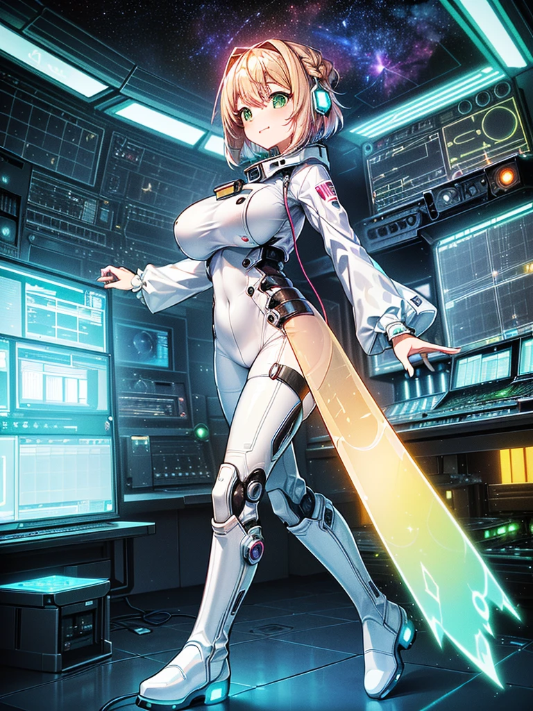 (sfw), intricate details, (bright neon colors), detailed background, daylight, indoors, 1girl, (petite, (expressionless cute face, bright glowing blue eyes), (human torso, petite perky breasts, yukata, robotic arms, robotic legs), (white hair, bob cut)), dynamic angle