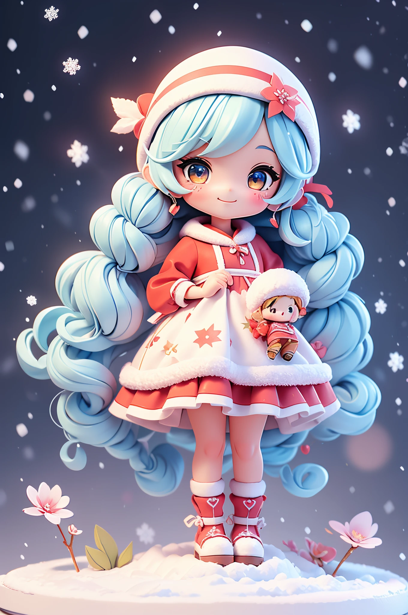 photoRealstic、Doll standing in front of the painting(nendroid)、Red and white Santa Claus costume、Light blue long hair、Twin-tailed、adorable smiling、In a cute pose、((Snowy landscape in the background)).With cute reindeer、watercolor Nendoroid、(High Definition Figure)、Flowing iridescent silk、up of face、Eye Up、Colorcon with heart pattern、Floral patterns dress up your heart with both hands、There is also a flower in front of the petal below the Nendoroid...........、season!!: Winters☀ 🍂