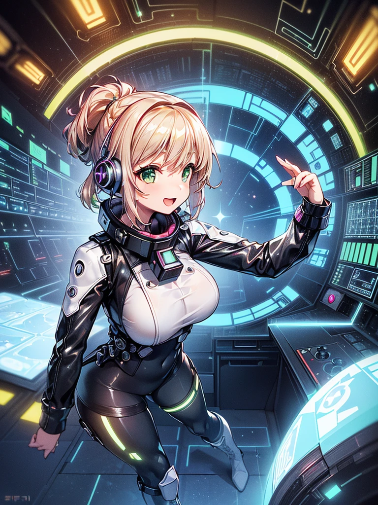 ​masterpiece:1.4, 1girl in ((20yr old, Wearing a tight, Futuristic metallic gray cyberpunk bodysuit,long boots, huge-breasted, Colorful blonde hair, Chignon,short-hair, Perfect model body, Green eyes:1.4, Wearing headphones, Flirting, Happy,  Looking out the window of the futuristic sci-fi space station、While admiring the beautiful galaxy:1.2, SFSF control room on night background:1.1, Neon and energetic atmosphere:1.2)) ((Galaxy)) ((Solo:1.6))