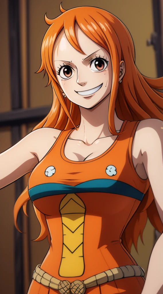 (ANIME ART STYLE) nami (ONE PIECE), with long orange hair, brown eyes, wearing wano clothes , (wano arc) blush face, smiling.