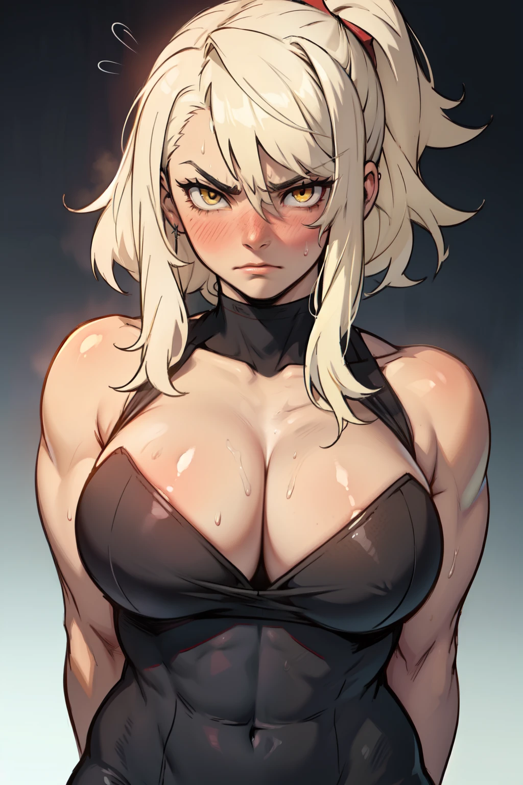 muscular yellow eyes pale skin girl sad cleavage blushing frown sweaty large breasts