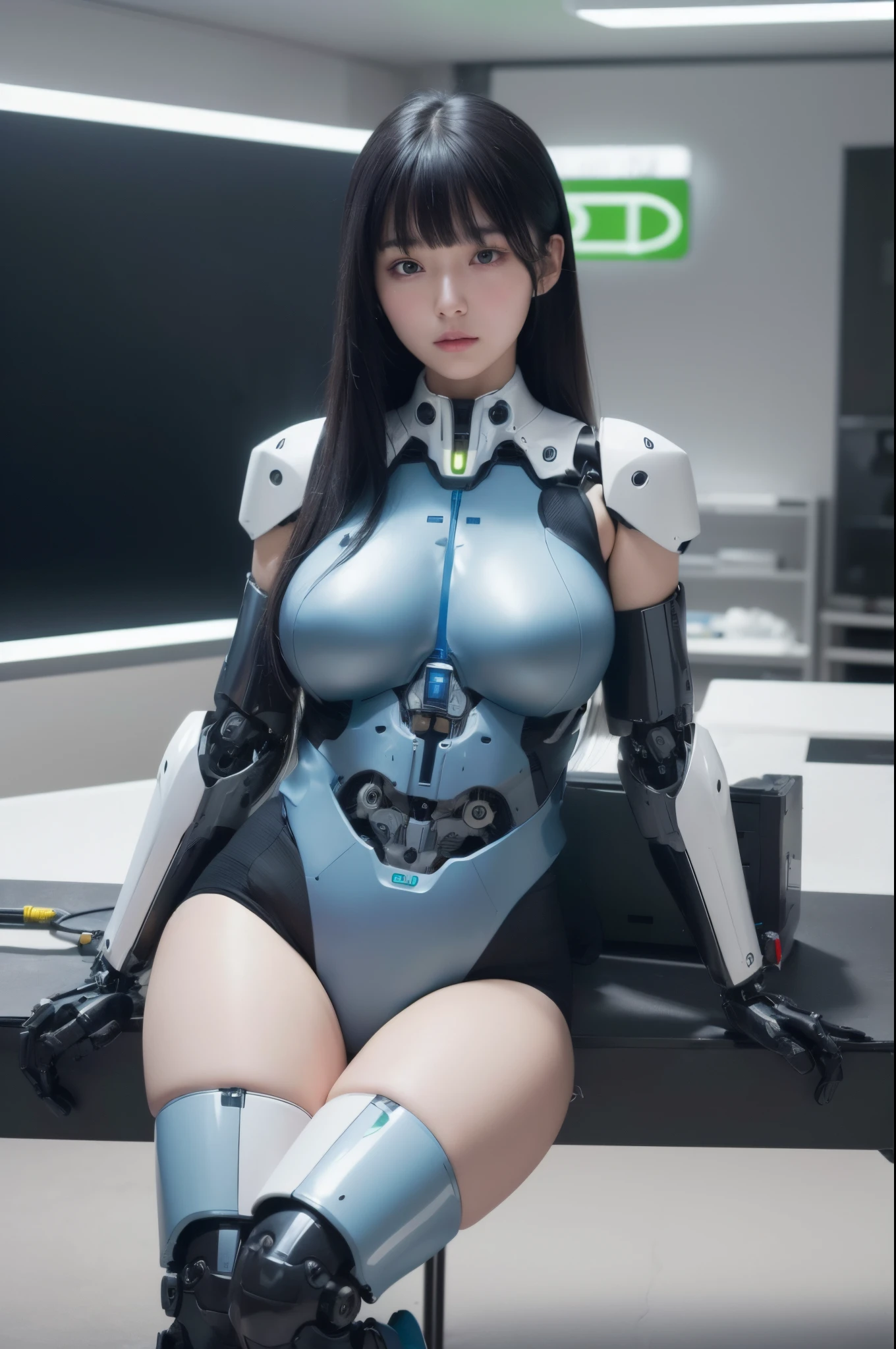 (Photorealistic:1.4), (Raw photo)masutepiece, Best Quality, Extremely detailed, (Photorealistic:1.4), (8K, 4K, Best Quality, hight resolution, 超A high resolution:1.1), 8K Portrait,1girl in, Japanese android girl,Plump , announcer,control panels,android,Droid,Mechanical Hand, ,Robot arms and legs, Black hair,Mechanical body,Blunt bangs,White Robotics Parts,perfect robot woman,Charging spot,Long Tube,A thick cable was connected to his neck.,ceramic body ,Mechanical body, mechanical ear covers,android,robot humanoid,a bit Chubby,pantiy,complete eyes,Perfect machine body,White robot body,The laboratory of the future,android factory,mechanical ear covers,White and light blue uniform,light blue accent costume,