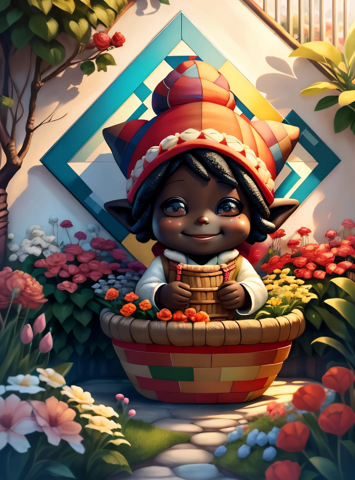 (cute black gnome smiling with basket of flowers in beautiful garden) stylized identical to 1940 |)), acolchoamento ,multidimensional geometric wall PORTRAIT, arte, Chibi,
Yang016K, lindo,(( cor vermelha predominante, rosa e branco))
Primary works, qualidade superior, melhor qualidade, Arte Oficial, Lindo e Estetaduardo Kobra acolchoamento ,multidimensional geometric wall PORTRAIT, arte, Chibo,detalhes
