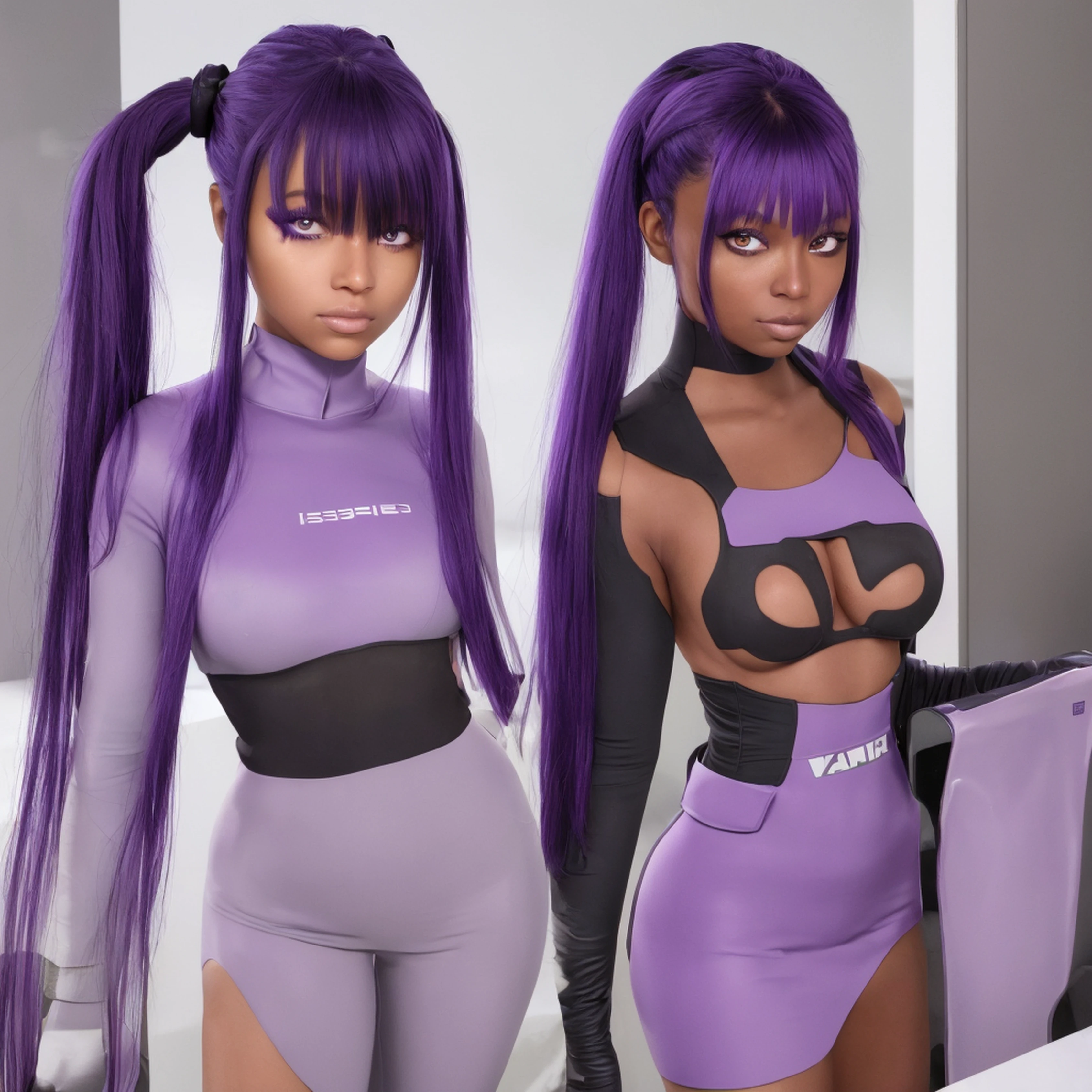 Chica futurista, dark skin, Purple colored eyes, espacio, purple hair, cabello azul, cabello rosado, Cabello largo, dark skin, Futuristic coffee shop