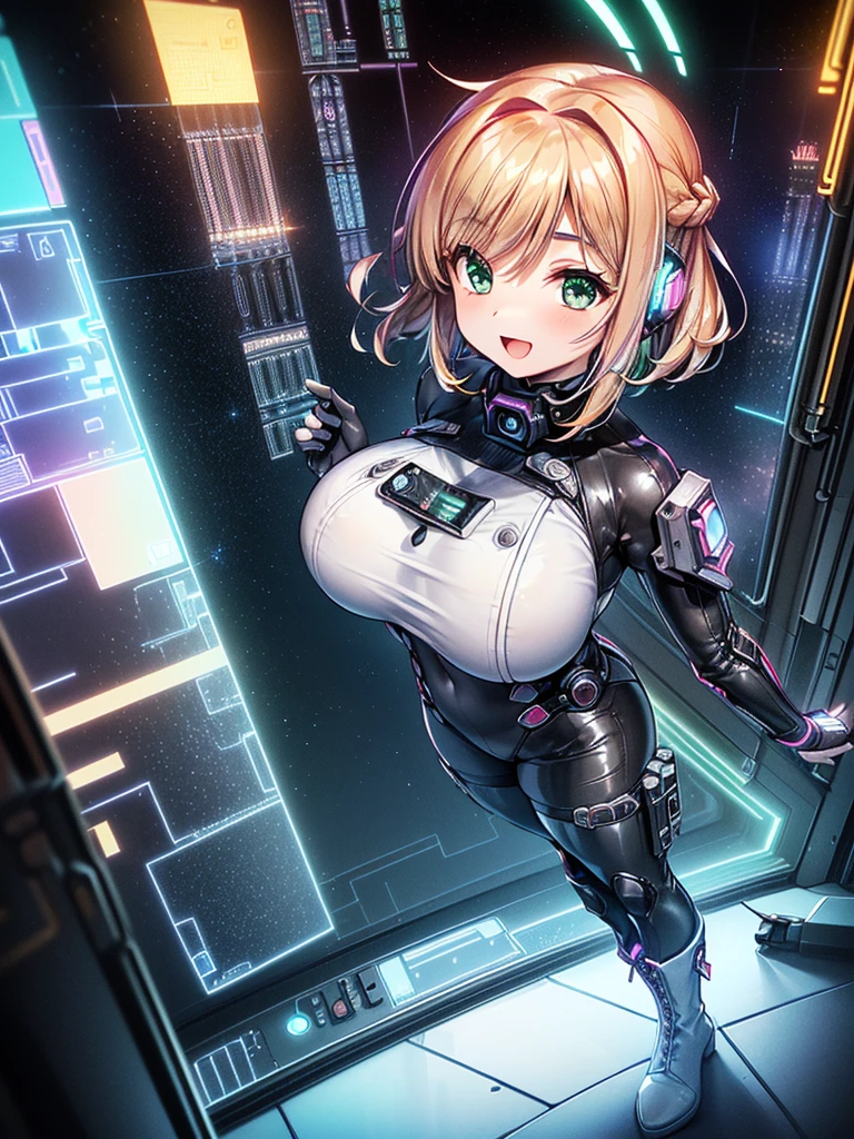 ​masterpiece:1.4, 1girl in ((20yr old, Wearing a tight, Futuristic metallic gray cyberpunk bodysuit,long boots, huge-breasted, Colorful blonde hair, Chignon,short-hair, Perfect model body, Green eyes:1.4, Wearing headphones, Flirting, Happy,  Looking out the window of the futuristic sci-fi space station、While admiring the beautiful galaxy:1.2, SFSF control room on night background:1.1, Neon and energetic atmosphere:1.2)) ((Galaxy)) ((Solo:1.6))