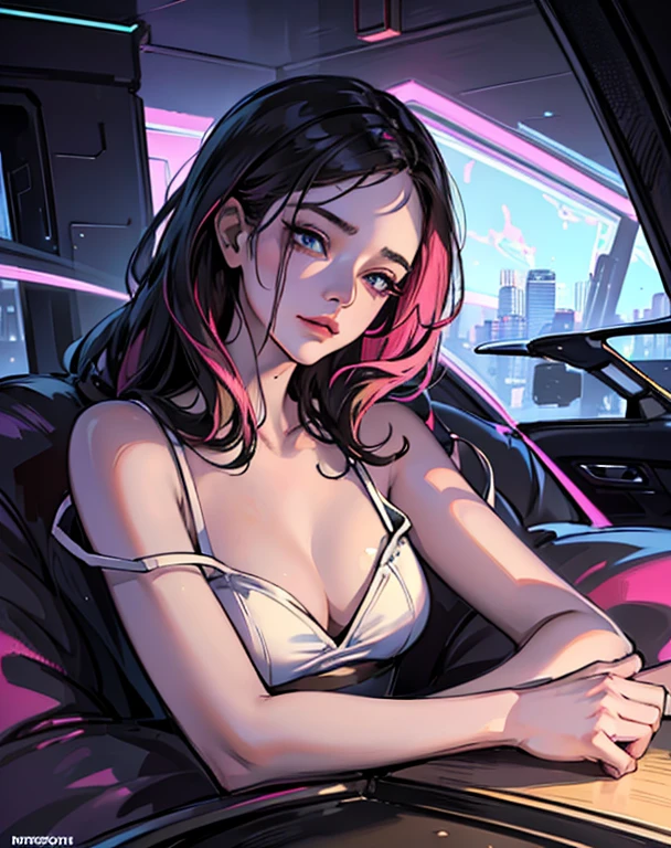 girl from gta vice city, in the style of Alyssa Monks and Glenn Brown style, soft play of light and shadow, masterpiece, a variety of small details in the background, random, hyper detailed, trending on artstation, intricate details, highly detailed, highly detailed, digital painting, perfect result, HDR, illustration, very clear image, evocative, striking, Fluorescent light, Side angle perspective, perfect face, polished, glorious, seraphic, dreamy, astonishing, fabulous, captivating, pretty, mesmeric, elegant, magnificent, sublime, luscious, dreamy, Mysterious