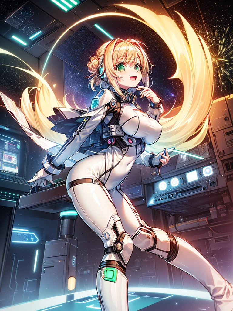masterpiece:1.4, 1girl in ((20yr old, Wearing a tight, futuristic metallic white bodysuit,long boots, huge-breasted, Colorful blonde hair, Chignon,short-hair, Perfect model body, Green eyes:1.4, Wearing headphones, Flirting, Happy, Looking out the window of the futuristic sci-fi space station、While admiring the beautiful galaxy:1.2, SFSF control room on night background:1.1, Neon and energetic atmosphere:1.2)) ((Galaxy)) ((Solo:1.6))
