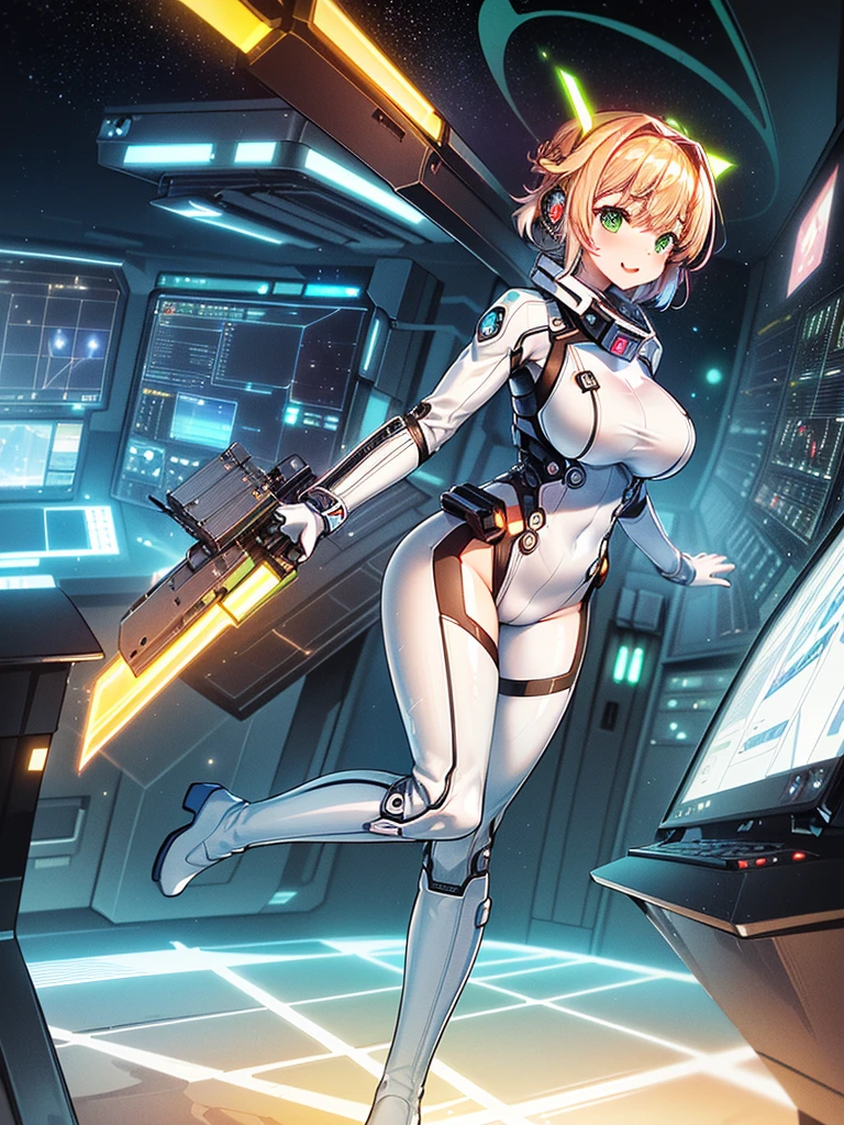 masterpiece:1.4, 1girl in ((20yr old, Wearing a tight, futuristic metallic white bodysuit,long boots, huge-breasted, Colorful blonde hair, Chignon,short-hair, Perfect model body, Green eyes:1.4, Wearing headphones, Flirting, Happy, Looking out the window of the futuristic sci-fi space station、While admiring the beautiful galaxy:1.2, SFSF control room on night background:1.1, Neon and energetic atmosphere:1.2)) ((Galaxy)) ((Solo:1.6))