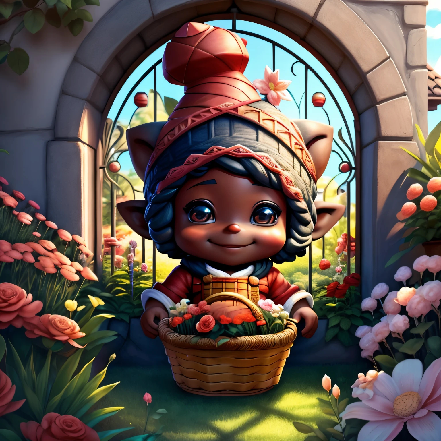 (cute black baby gnome smiling with basket of flowers in beautiful garden) stylized identical to 1940 |)), acolchoamento ,multidimensional geometric wall PORTRAIT, arte, Chibi,
Yang016K, lindo,(( cor vermelha predominante, rosa e branco))
Primary works, qualidade superior, melhor qualidade, Arte Oficial, Lindo e Estetaduardo Kobra acolchoamento ,multidimensional geometric wall PORTRAIT, arte, Chibo,detalhes