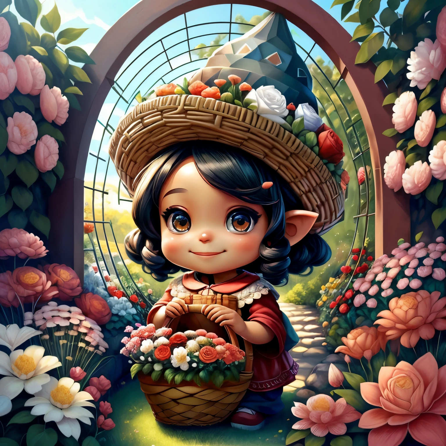 (cute black baby gnome smiling with basket of flowers in beautiful garden) stylized identical to 1940 |)), acolchoamento ,multidimensional geometric wall PORTRAIT, arte, Chibi,
Yang016K, lindo,(( cor vermelha predominante, rosa e branco))
Primary works, qualidade superior, melhor qualidade, Arte Oficial, Lindo e Estetaduardo Kobra acolchoamento ,multidimensional geometric wall PORTRAIT, arte, Chibo,detalhes