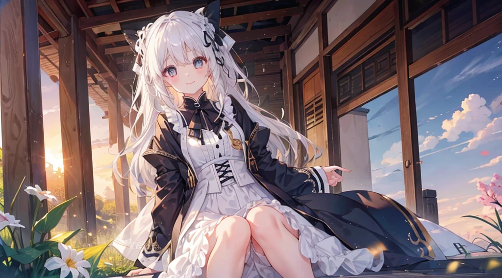 1 girl of the highest quality,Solo, black ribbon white hair。A smile。greet。Fantasy clothes。Home garden。at the sunset。Cute eyes。top-quality。