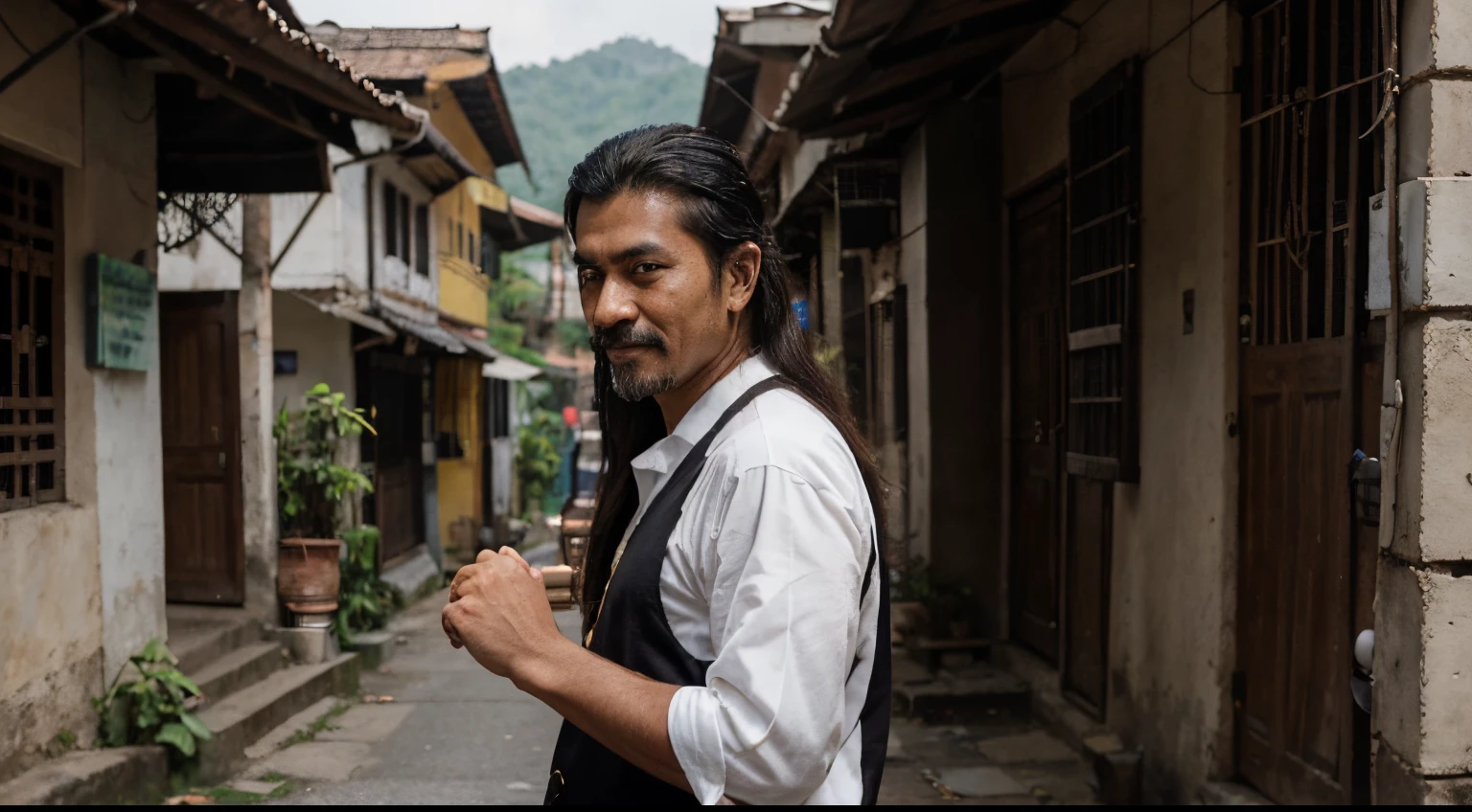 a realistic side photo of a sony 35mm lens of long side hair only,no hair top,tanned ugly-looking melayu malaysia man wearing black eye patch,long mustache,wearing white unbutton old clothes,he wearing old malay sandal,wearing black old pants,his face sinister smile,right hand holding parang,fighting stance and attacking knee,old village malaysia background,photo,UHD,4k