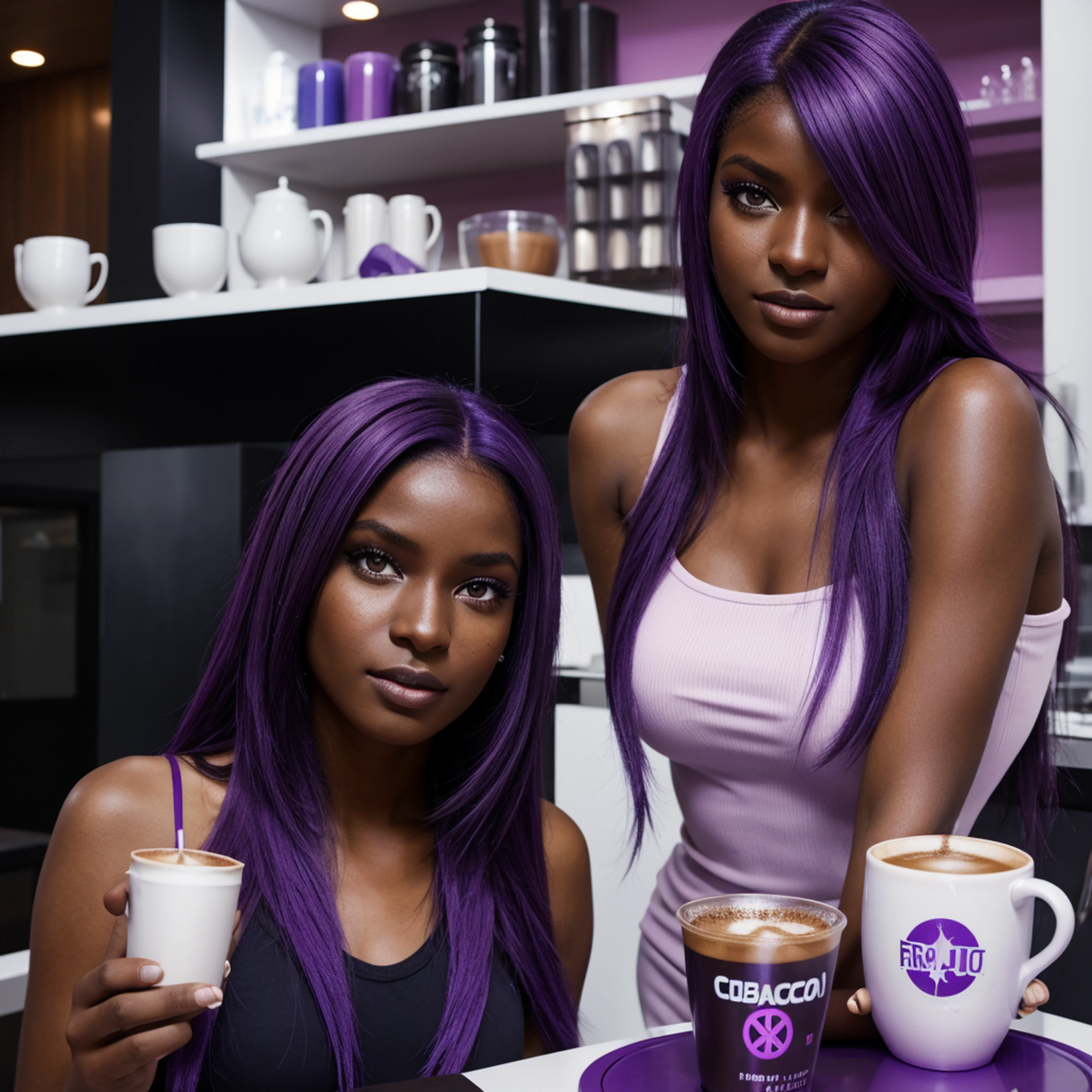 Chica futurista, dark skin, Purple colored eyes, espacio, purple hair, cabello azul, cabello rosado, Cabello largo, dark skin, Futuristic coffee shop