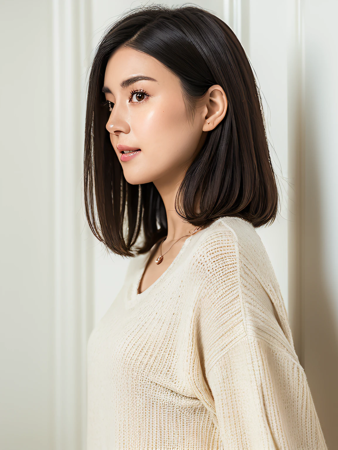 (in 8K, top-quality, masterpiece:1.2), (realisitic, Photorealsitic:1.37), ultra-detailliert, Natural sunlight, mideum breasts, Valley, 1 persons, 35-year-old woman, Dark hair, Pendants, Torn shorts, Light Knit V-Neck Shirt, extremely detailed face and skin, A detailed eye, extremely detailed face and skin)、Autumn clothes、Winter clothes、Simple Necklace、Winter clothes、Sweaters、A dark-haired、Medium Hair、bobhair、Poses variadas、(Beautiful profile:1.3)、Natural Color Lip、Don't look at the camera、white walls、Taken in front of the white door、(white wall room with window)
