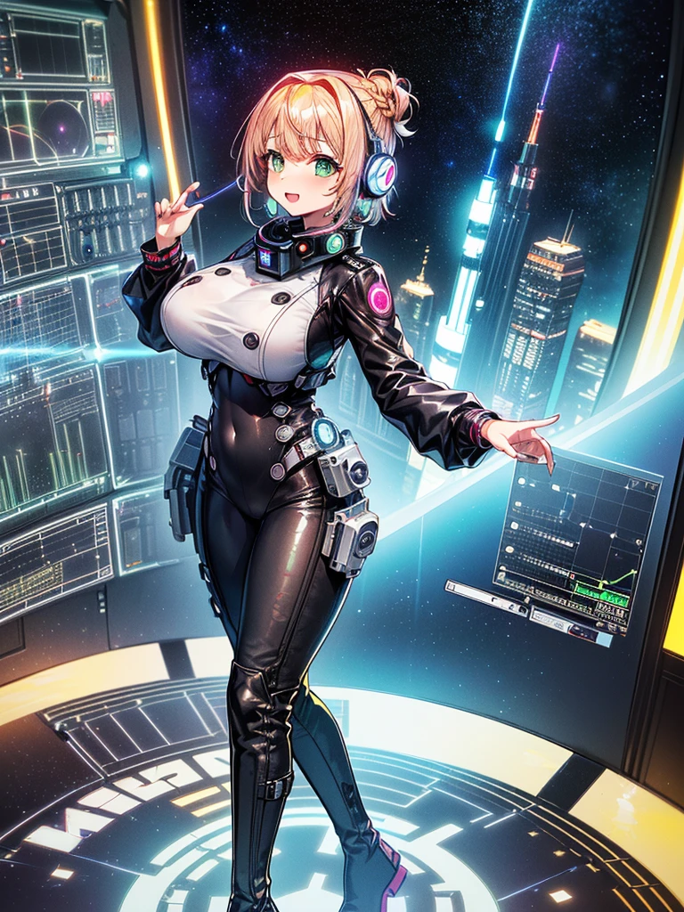 masterpiece:1.4, 1girl in ((20yr old, Wearing a tight, futuristic metallic white bodysuit,long boots, huge-breasted, Colorful blonde hair, Chignon,short-hair, Perfect model body, Green eyes:1.4, Wearing headphones, Flirting, Happy, Looking out the window of the futuristic sci-fi space station、While admiring the beautiful galaxy:1.2, SFSF control room on night background:1.1, Neon and energetic atmosphere:1.2)) ((Galaxy)) ((Solo:1.6))