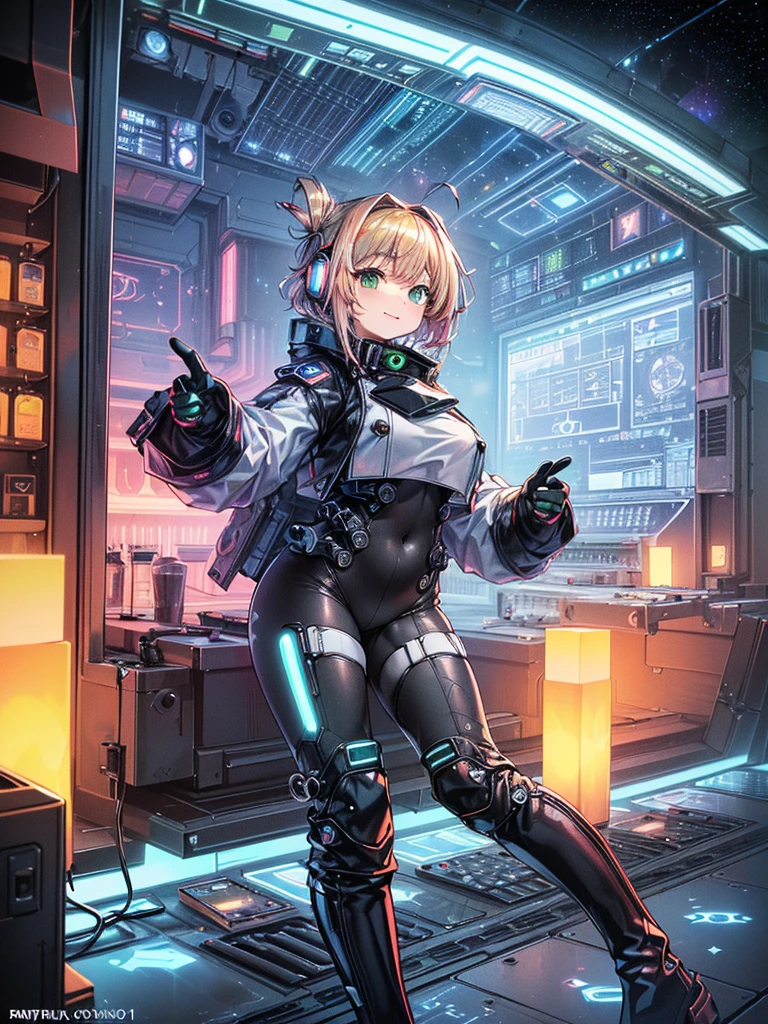 ​masterpiece:1.4, 1girl in ((20yr old, Wearing a tight, Futuristic metallic gray cyberpunk bodysuit,long boots, huge-breasted, Colorful blonde hair, Chignon,short-hair, Perfect model body, Green eyes:1.4, Wearing headphones, Flirting, Happy,  Looking out the window of the futuristic sci-fi space station、While admiring the beautiful galaxy:1.2, SFSF control room on night background:1.1, Neon and energetic atmosphere:1.2)) ((Galaxy)) ((Solo:1.6))