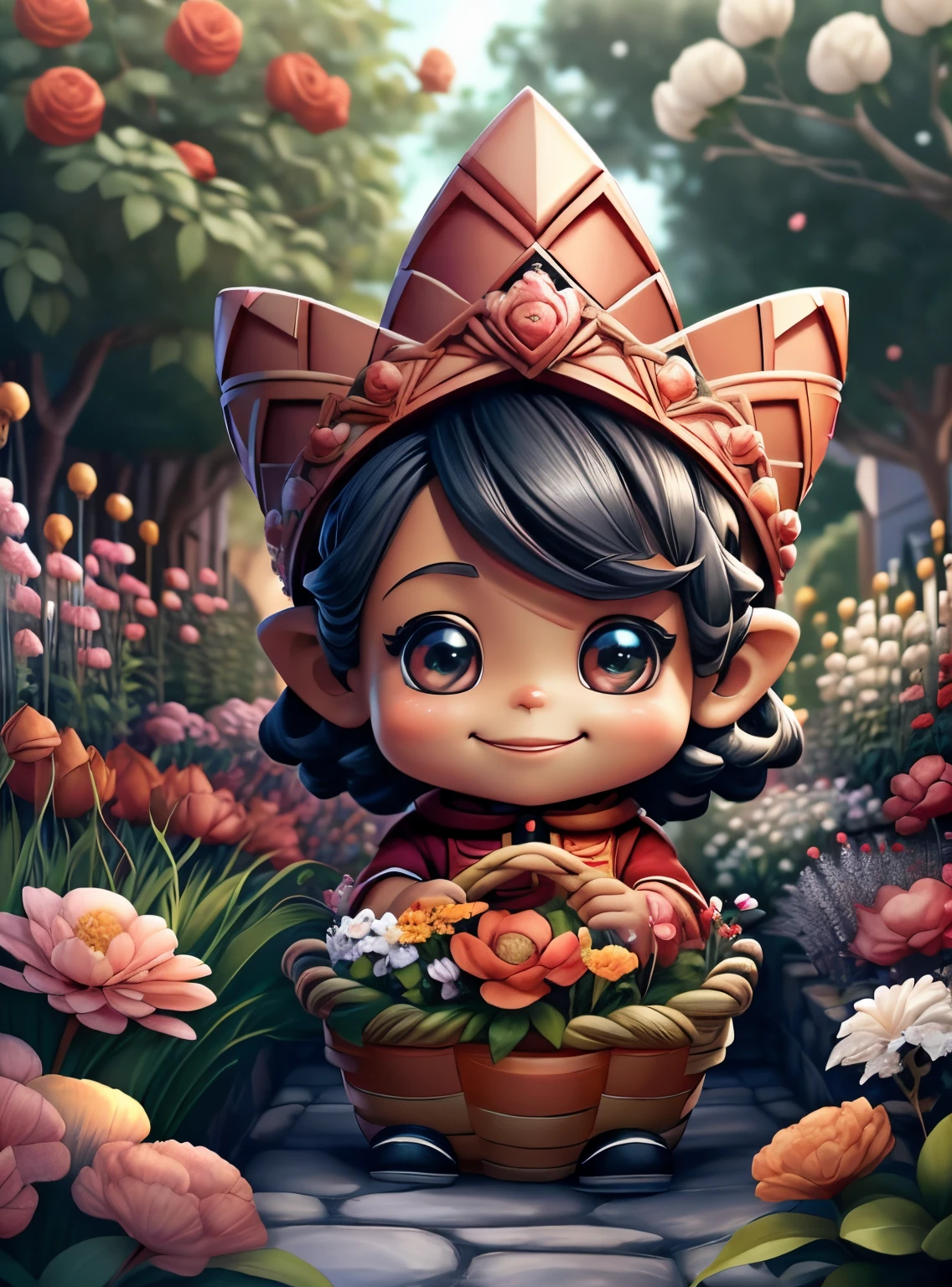 (cute black baby gnome smiling with basket of flowers in beautiful garden) stylized identical to 1940 |)), acolchoamento ,multidimensional geometric wall PORTRAIT, arte, Chibi,
Yang016K, lindo,(( cor vermelha predominante, rosa e branco))
Primary works, qualidade superior, melhor qualidade, Arte Oficial, Lindo e Estetaduardo Kobra acolchoamento ,multidimensional geometric wall PORTRAIT, arte, Chibo,detalhes