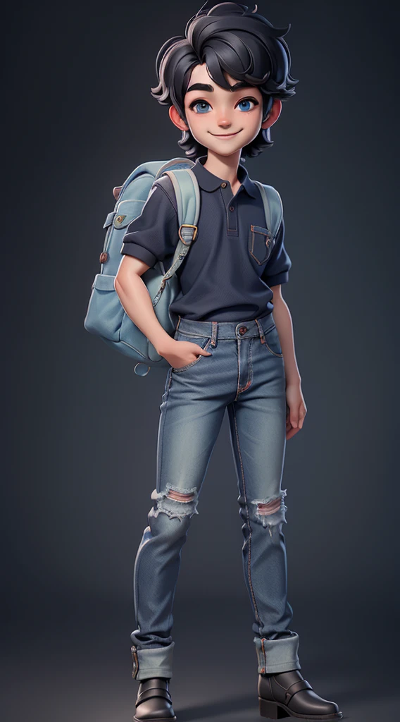 masterpiece, bestquality, detailed face, Vibrant Eyes, Fine nose, 1 cute boy smiling, Jeans and polo shirt, backpack, Stand up, Black Hair, young pretty gravure idol, of a young boy, ((Full body)), Don't forget to add shadows., Texture and detail to the hair, clothes,